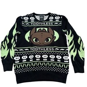 BoxLunch Toothless Sweater Mens Small Black Green Dragon Skulls Flames Graphic